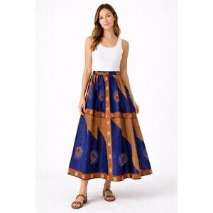 Lapogel Women’s Blue Orange African Print Maxi Skirt Elastic Waist Size L Flowy